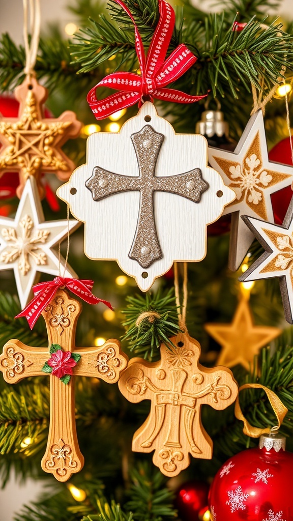 Homemade Religious Christmas Ornaments Colorful religious Christmas ornaments including crosses and stars, decorated with glitter and ribbons.